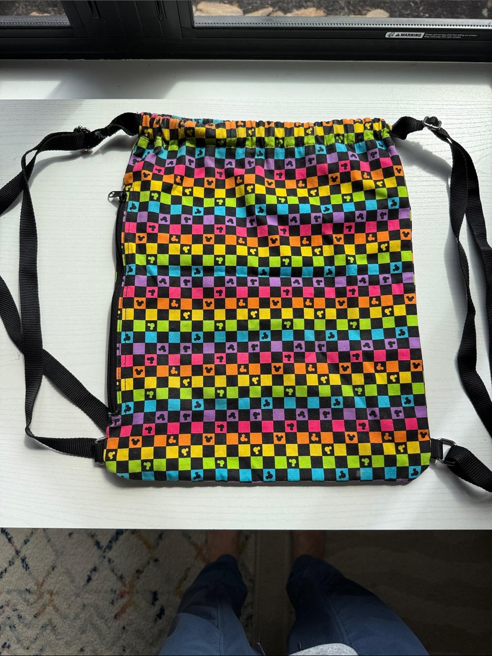 Disney Multicolor Checkerboard Drawstring Backpack with Black Straps